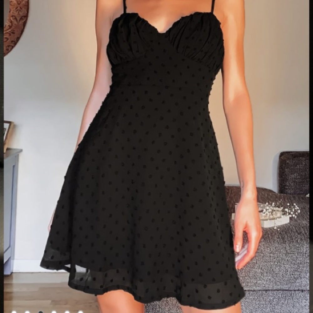 Lulu’s Black Swiss Dot Mini Dress L and XL